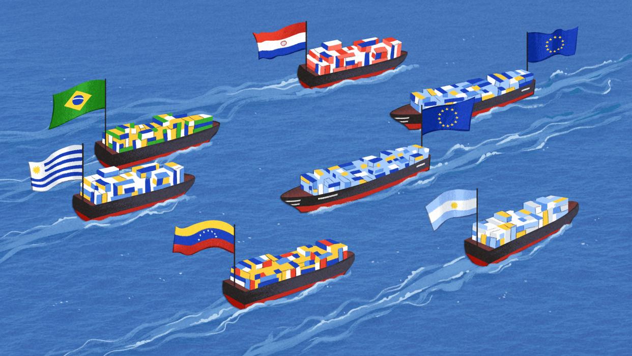 An illustration showing ships sporting the flags of Brazil, Argentina, Uruguay, Paraguay, and the European Union
