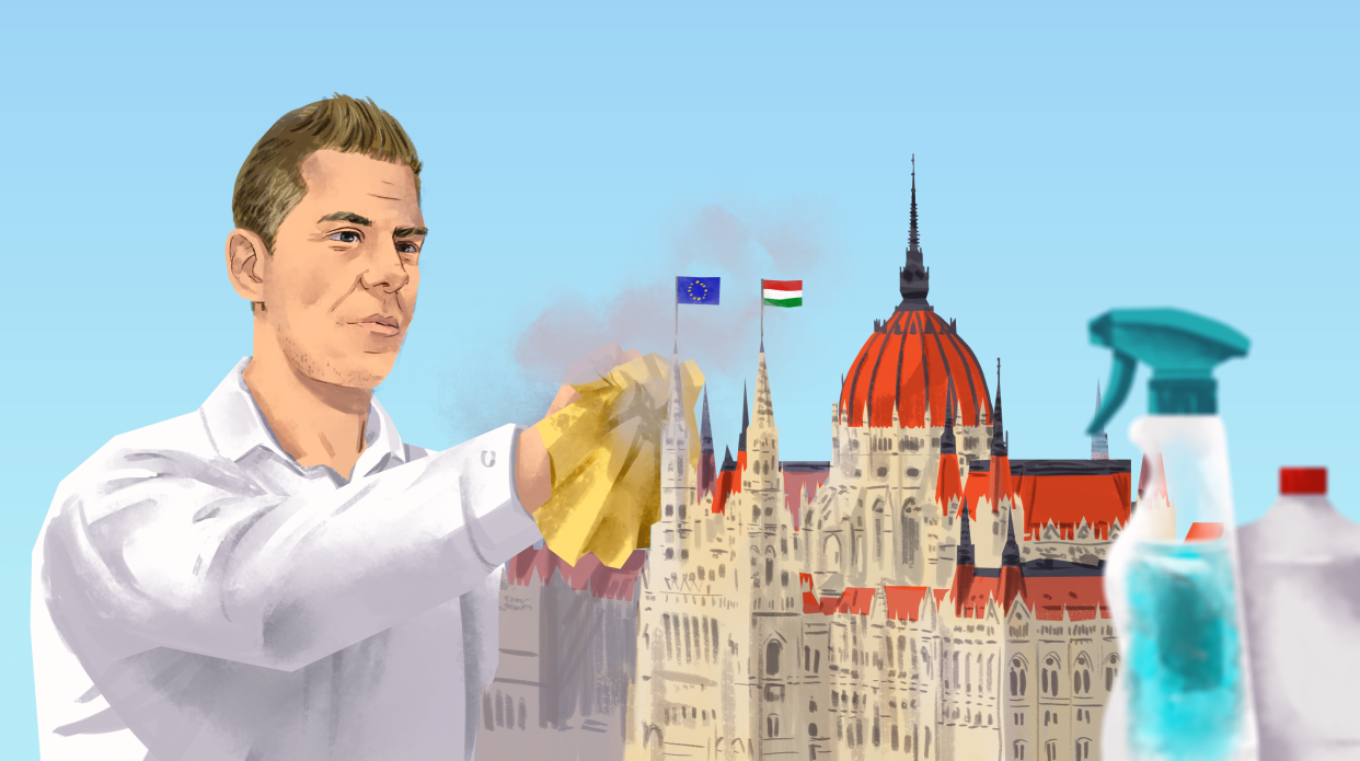 An illustration showing Hungarian Prime Minister Peter Magyar "cleaning" the Hungarian Parliament.