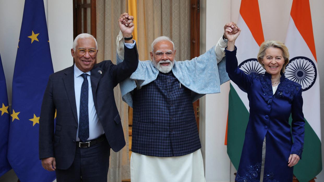 European Council President Antonio Costa, European Commission President Ursula von der Leyen and Indian Prime Minister Narendra Modi pose during a photo opportunity ahead of their meeting at the Hyderabad House in New Delhi, January 27, 2026.