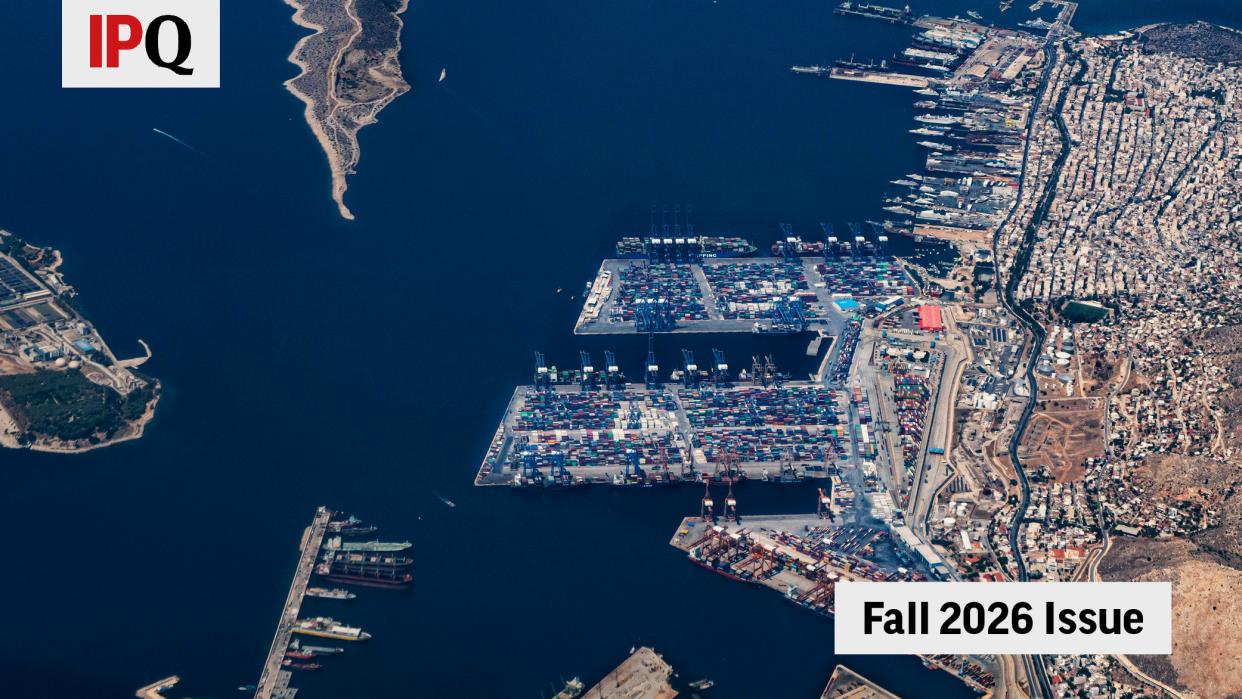 Aerial view from an airplane window of Pireaus port GRPIR. The majority of Port of Piraeus is owned by China COSCO Shipping. Piraeus, Greece, August 7, 2022.