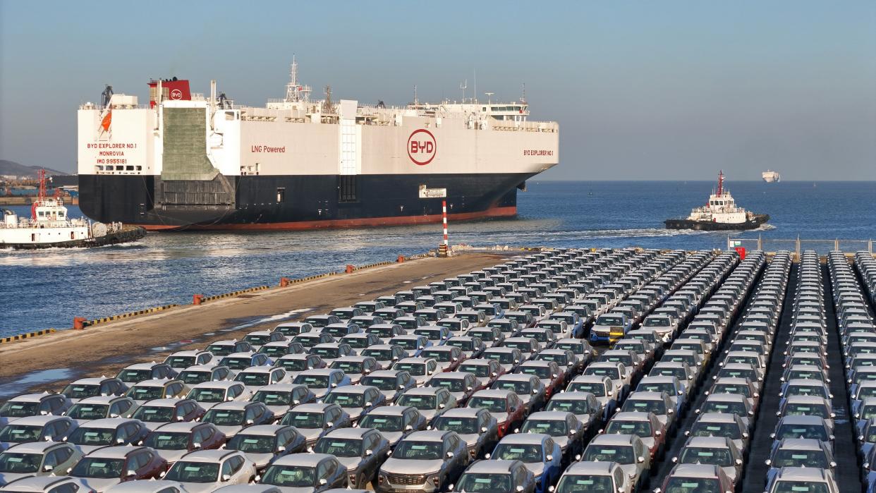 New BYD cars wait to be loaded onto a newly completed ro-ro ship named BYD Explorer No.1 for her maiden voyage in Yantai in east China's Shandong province, January 10, 2024.