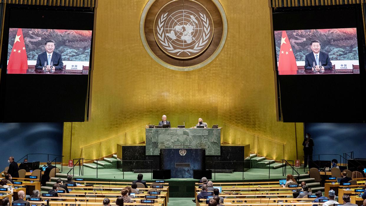 People's Republic of China President Xi Jinping speaks during the 75th annual UN General Assembly, which is being held mostly virtually due to the coronavirus disease (COVID-19) pandemic in the Manhattan borough of New York City, New York, September 22, 2020.