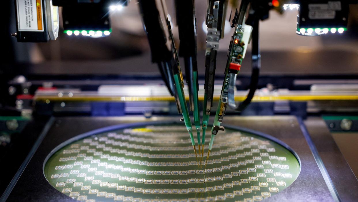 A semiconductor wafer is tested on a Flying Probe Tester 4080 at SEMICON 2025 in Taipei, Taiwan, September 10, 2025.