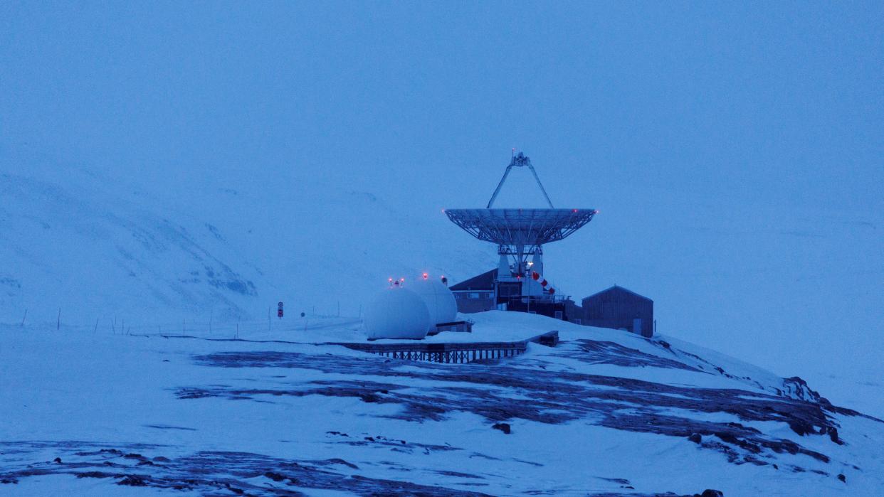 The VLBI Geodetic Observatory radio telescope is seen near Kongsfjord in Ny-Aalesund, Svalbard, Norway, April 6, 2023.