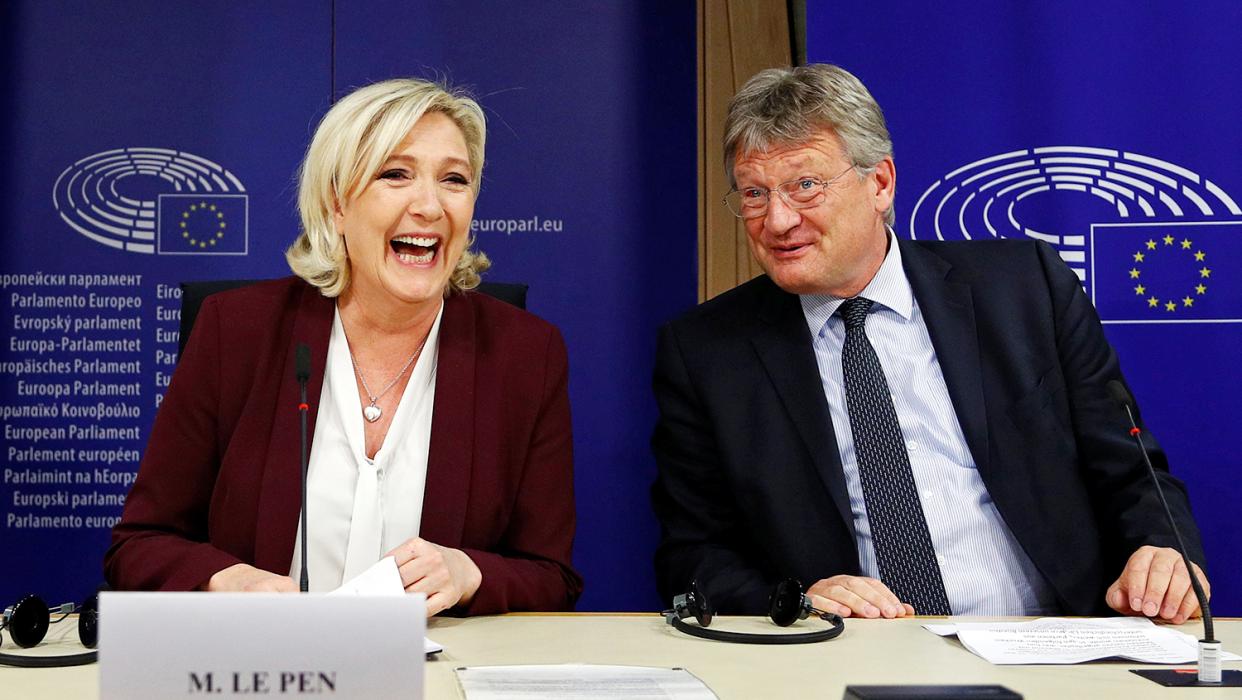 French far-right National Rally (Rassemblement National) party leader Marine Le Pen and Germany's Alternative for Germany (AfD) leader Jorg Meuthen address a joint news conference on the formation of a new far-right European Parliament group to represent nationalists' interests at the EU Parliament in Brussels, Belgium June 13, 2019. 