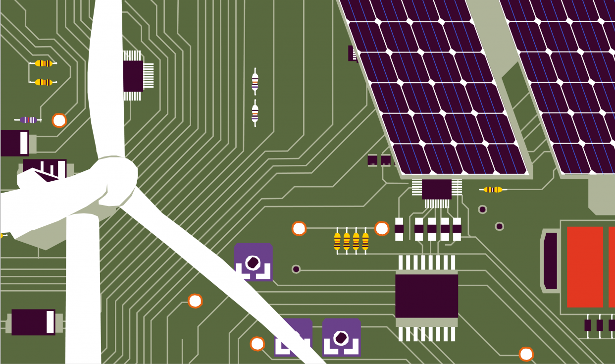 An illustraion showing a wind turbine and circuit boards