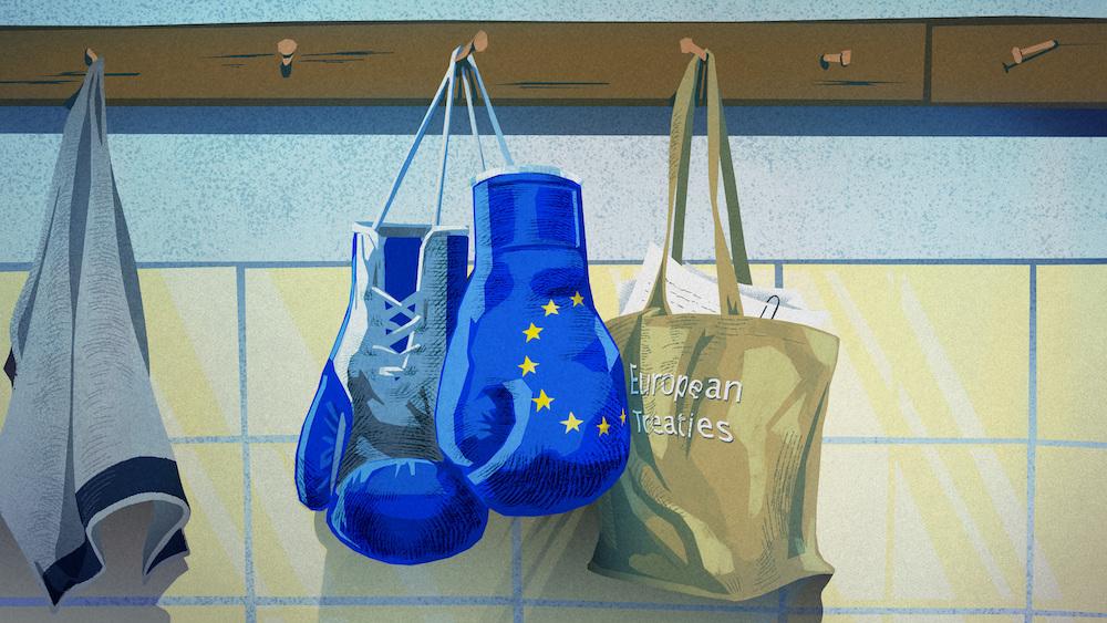 An illustration showling the European treaties and boxing gloves with EU stars close together.