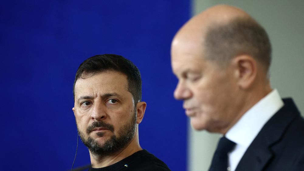 German Chancellor Olaf Scholz and Ukrainian President Volodymyr Zelenskiy give statement before talks in Berlin, Germany, October 11, 2024.