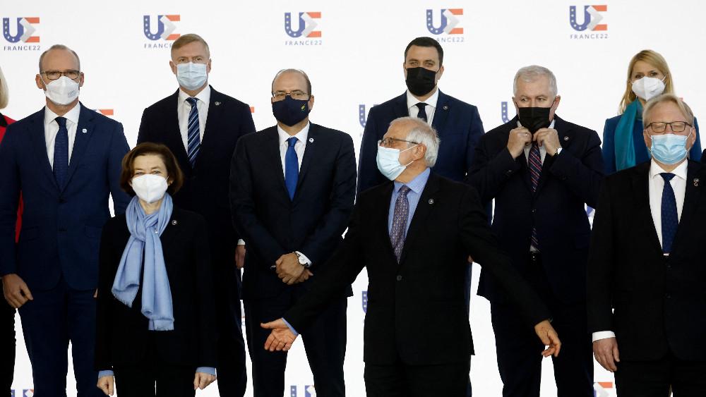 French Defence Minister Florence Parly, High Representative of the European Union for Foreign Affairs and Security Policy Josep Borrell pose for a family photo with European Union countries' defence ministers and representatives during an informal meeting of European Union countries' Defence Ministers in Brest, western France, January 13, 2022.