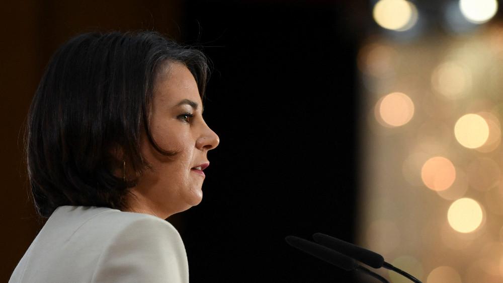 German Foreign Minister Annalena Baerbock delivers a speech on national security strategy ahead of a panel discussion at the Foreign Ministry in Berlin, Germany, March 18, 2022.