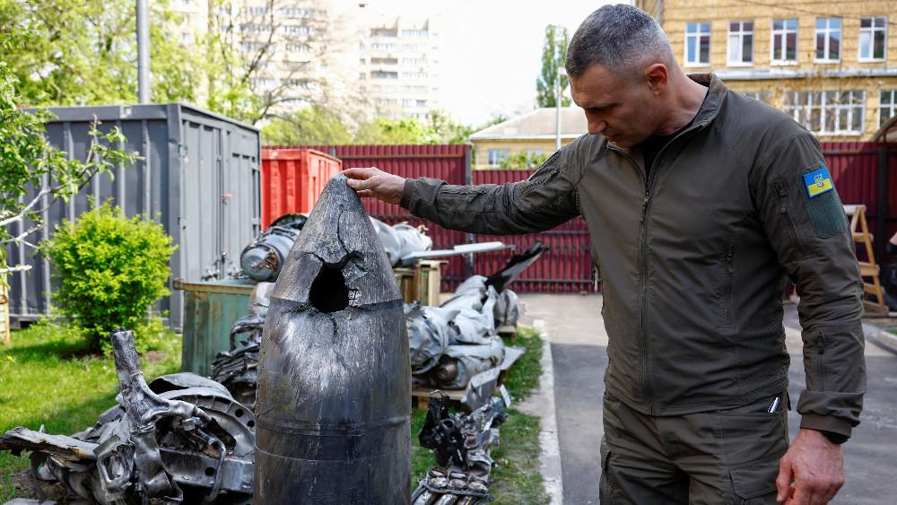 DOCUMENT DATE:  12 May, 2023  Kyiv Mayor Vitalii Klitschko shows a Kh-47 Kinzhal Russian hypersonic missile warhead, shot down by a Ukrainian Air Defence unit amid Russia's attack on Ukraine, at a compound of the Scientific Research Institute in Kyiv, Ukraine May 12, 2023