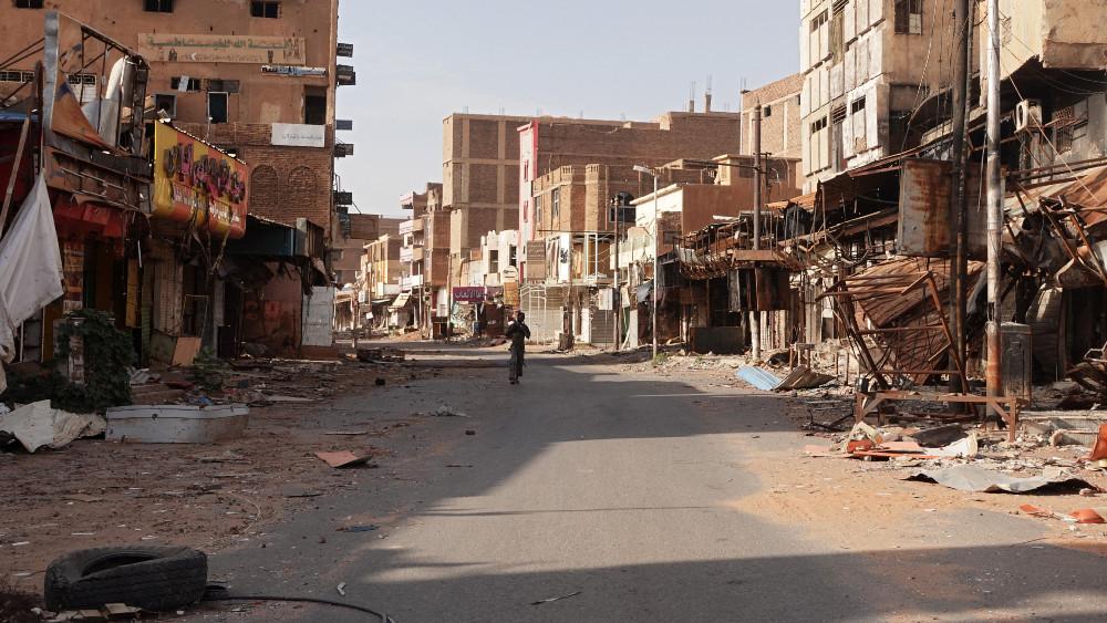 A view of a street in the city of Omdurman damaged in the year-long civil war in Sudan, April 7, 2024. Residents in the city have found themselves besieged in their homes, trapped between the paramilitary RSF and the army.