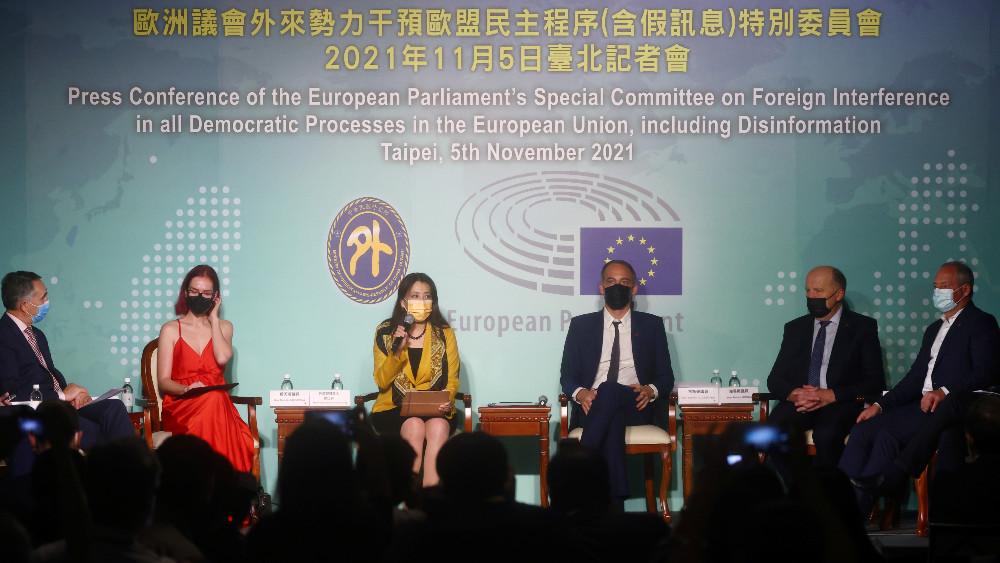 Raphael Glucksmann, head of the European Parliament's special committee on foreign interference, (3rd R) and other members of the European Parliament delegation attend a news conference in Taipei, Taiwan November 5, 2021.