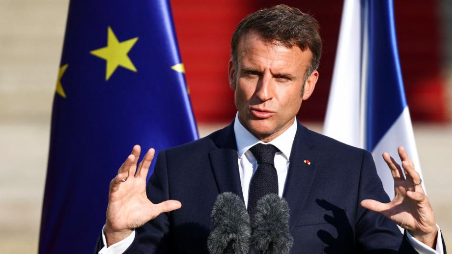 French President Emmanuel Macron gestures as he speaks to the press, in Berlin, Germany May 26, 2024.