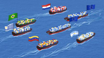 An illustration showing ships sporting the flags of Brazil, Argentina, Uruguay, Paraguay, and the European Union