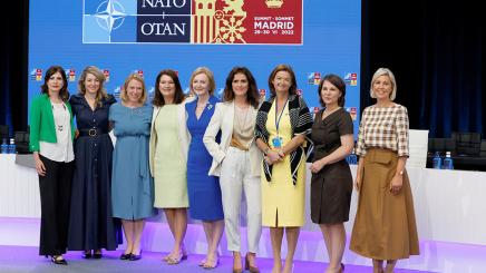 Canadian Foreign Minister Melanie Joly, British Foreign Secretary Liz Truss, European Parliament member Tanja Fajon, Norwegian Foreign Minister Anniken Huitfeldt, Sweden's Foreign Minister Ann Linde, Iceland's Foreign Minister Thordis Kolbrun Reykfjord Gylfadottir, German Foreign Minister Annalena Baerbock, Slovakia's President Zuzana Caputova and Belgium's Defence Minister Ludivine Dedonder, pose as they attend a roundtable discussion of Women Foreign and Defence Ministers.