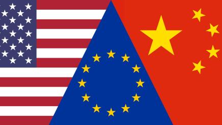 The flags of China, the US, and the EU