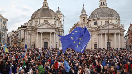 People attend a pro-Europe demonstration at Piazza del Popolo, in Rome, Italy, March 15, 2025.