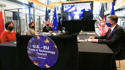 US Secretary of State Antony Blinken is flanked by Commerce Secretary Gina Raimondo and Trade Representative Katherine Tai as they meet with European Commission Executive Vice Presidents Margrethe Vestager and Valdis Dombrovskis during U.S and European Union trade and investment talks in Pittsburgh, Pennsylvania, September 29, 2021.