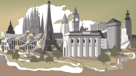 An Illustration showing iconic buildings from a various European cities