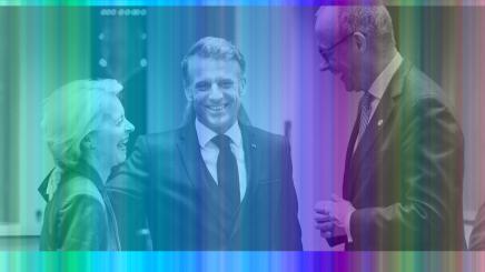 European Commission President Ursula von der Leyen, French President Emmanuel Macron, and German Chancellor Friedrich Merz interact as they attend the European Union leaders' summit in Brussels, Belgium, October 23, 2025.