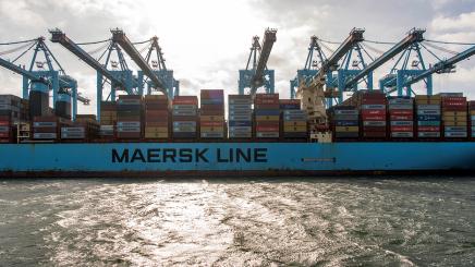 A container ship in Rotterdam harbor