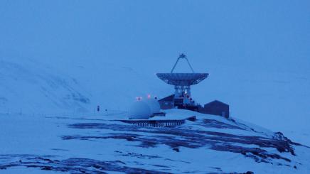 The VLBI Geodetic Observatory radio telescope is seen near Kongsfjord in Ny-Aalesund, Svalbard, Norway, April 6, 2023.