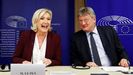 French far-right National Rally (Rassemblement National) party leader Marine Le Pen and Germany's Alternative for Germany (AfD) leader Jorg Meuthen address a joint news conference on the formation of a new far-right European Parliament group to represent nationalists' interests at the EU Parliament in Brussels, Belgium June 13, 2019. 