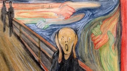 Bild: Adaption des Schreis von E.Munch, am Himmel lauter Handpaare beim Handshake