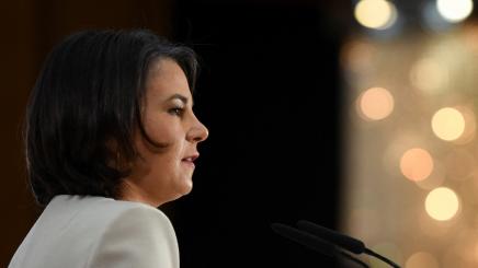 German Foreign Minister Annalena Baerbock delivers a speech on national security strategy ahead of a panel discussion at the Foreign Ministry in Berlin, Germany, March 18, 2022.