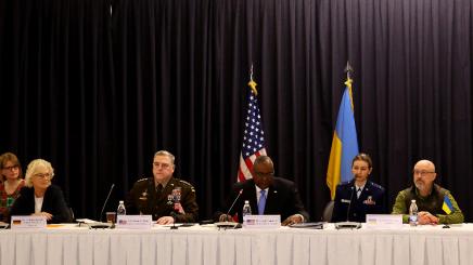 Ukrainian Defence Minister Oleksii Reznikov and his German counterpart Christine Lambrecht listen to the opening remarks of U.S. Secretary of Defense Lloyd Austin during the Ukraine Defense Consultative Group meeting, as Russia's attack on Ukraine continues, at U.S. Airbase in Ramstein, Germany, April 26, 2022.