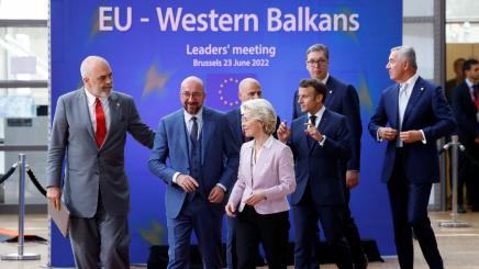 Albania's Prime Minister Edi Rama, European Commission President Ursula von der Leyen, French President Emmanuel Macron and President of the European Council Charles Michel arrive for a family photo, in Brussels, Belgium June 23, 2022.