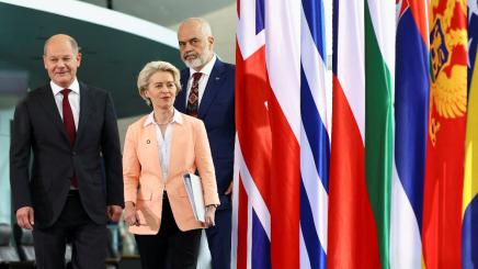 German Chancellor Olaf Scholz, European Commission President Ursula von der Leyen and Albania's Prime Minister Edi Rama attend the Western Balkans Summit at the Chancellery in Berlin, Germany, November 3, 2022.