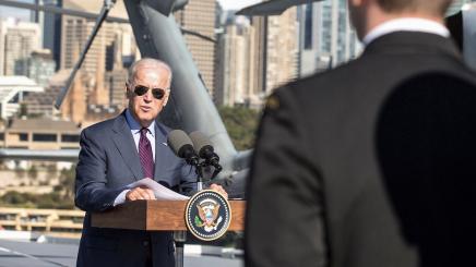Then US Vice President Joe Biden speaks abord an Australian Navy ship, 2016