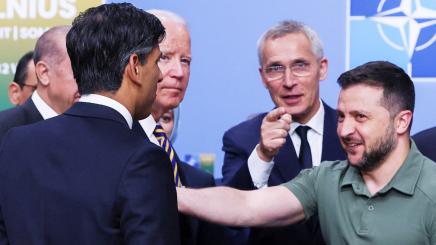 US President Joe Biden, Ukraine's President Volodymyr Zelensky, NATO Secretary-General Jens Stoltenberg and British Prime Minister Rishi Sunak attend a meeting of the NATO-Ukrainie council, during a NATO leaders summit in Vilnius, Lithuania, July 12, 2023.