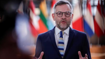 Germany's Then-Minister of State for Europe, Michael Roth (SPD) gestures as he speaks at the start of the European affairs ministers meeting in Brussels, Belgium, May 11, 2021.