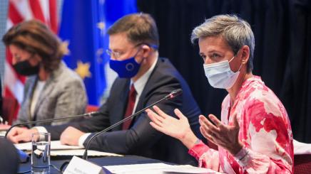 European Commission Executive Vice President Margrethe Vestager speaks as she and fellow EU Executive Vice President Valdis Dombrovskis participate in a Workforce Management into Tech Jobs roundtable during the U.S and European Union trade and investment talks in Pittsburgh, Pennsylvania, US, September 29, 2021.