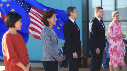 US Secretary of State Antony Blinken, Commerce Secretary Gina Raimondo and Trade Representative Katherine Tai stand near European Commission Executive Vice President Margrethe Vestager and EU Executive Vice President Valdis Dombrovskis as they participate in the U.S and European Union trade and investment talks in Pittsburgh, Pennsylvania, U.S., September 29, 2021.
